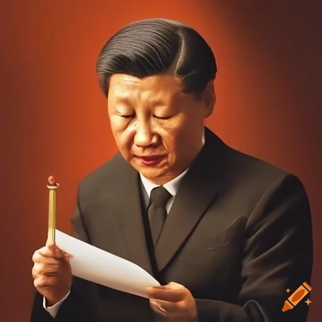 Xi Jinping reading long scrolls in a traditional Chinese setting