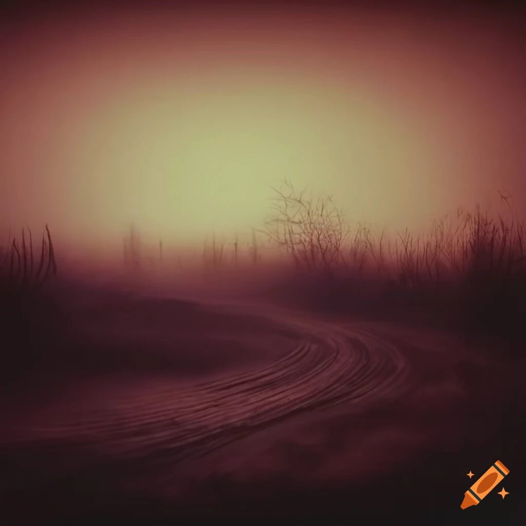 Vintage old film photograph of eerie landscape at dusk with shards of light