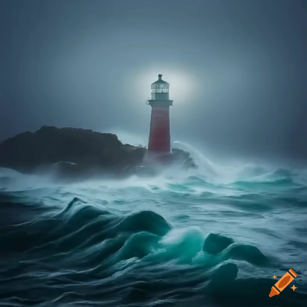 Dramatic lighthouse battling crashing waves in stormy seas on Craiyon