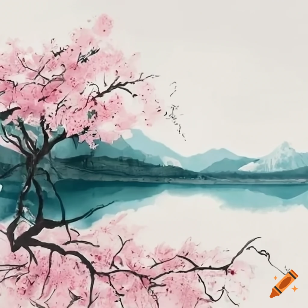 Japanese Cherry Trees by Saltwater Mountain Lake with pink blossoms reflecting in water