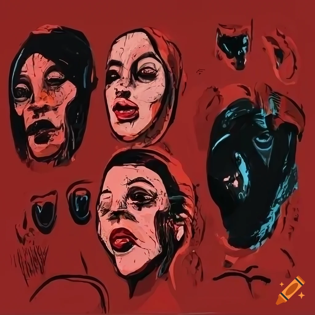 Abstract art with various emotional faces drawn on a wall, high resolution