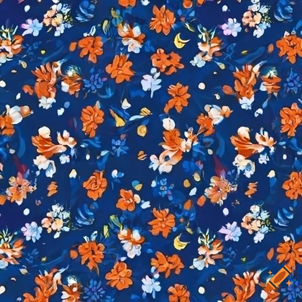 Ditsy floral repeating pattern in blue and orange colors