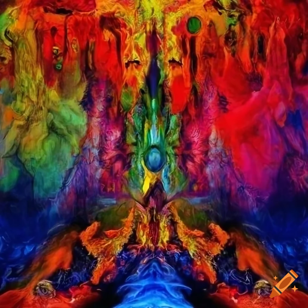 Epic psychedelic album cover depicting judgement day with horses and hell in colorful dramatic lighting
