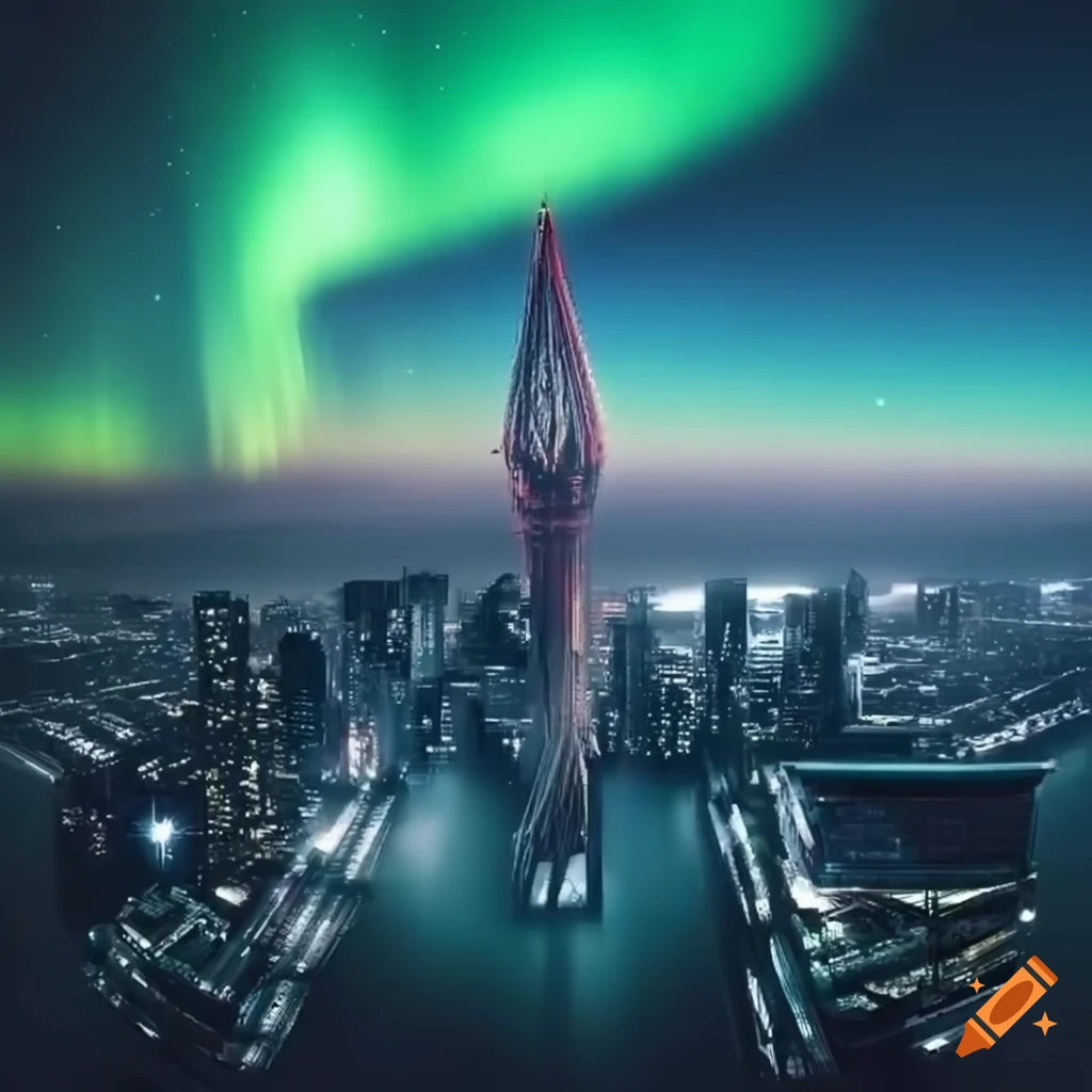 Realistic aurora over a futuristic cityscape