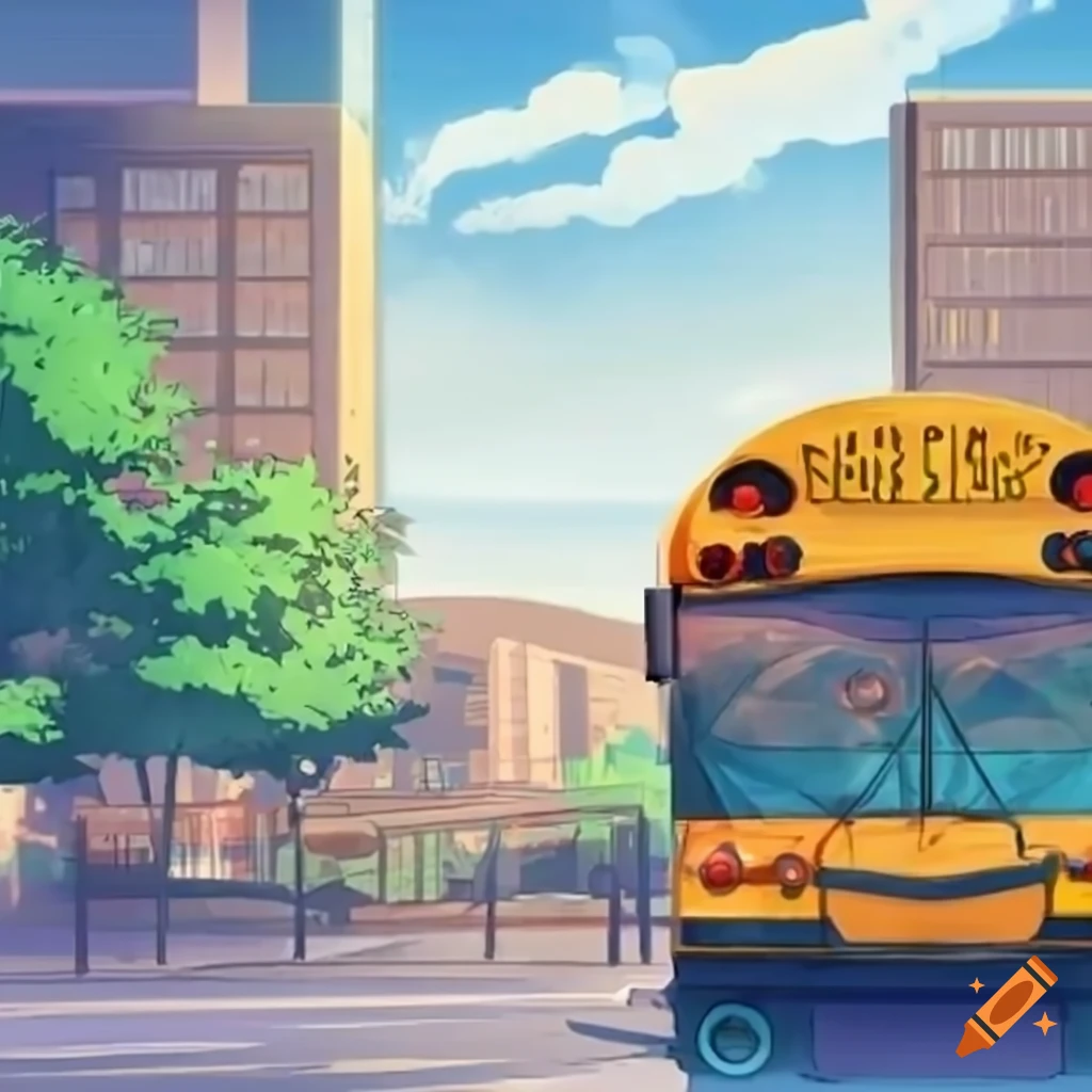 Anime-style American school bus at a residential bus stop