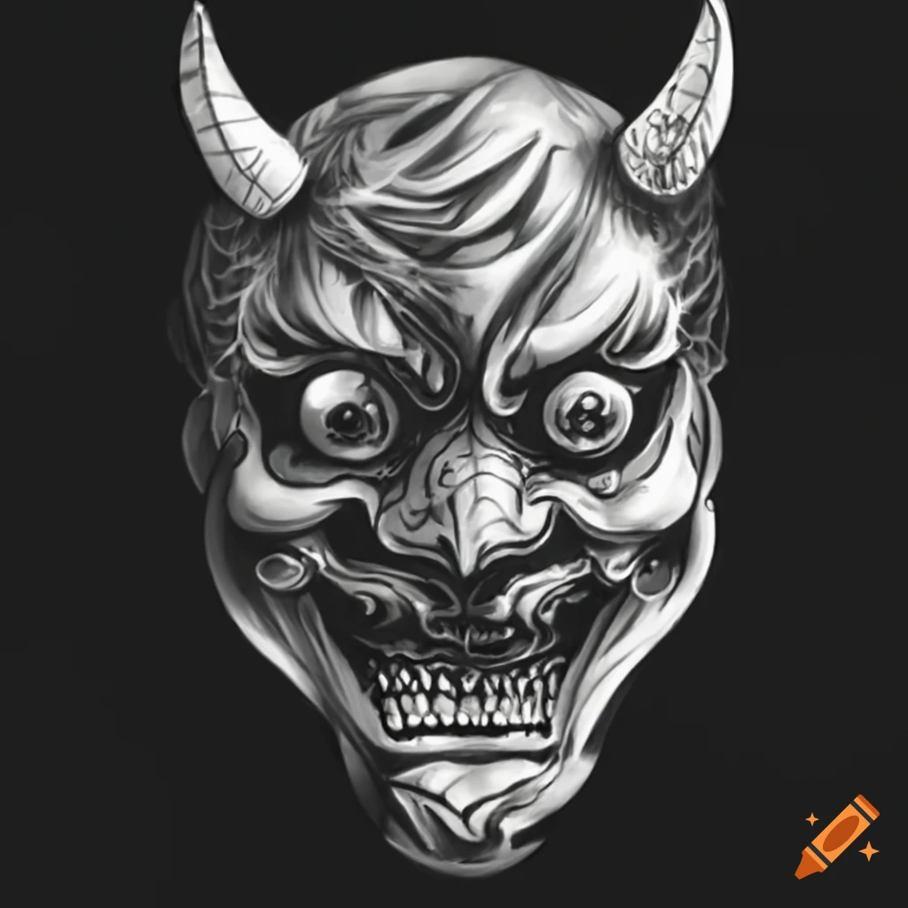 Oni and tengu mask in tattoo style