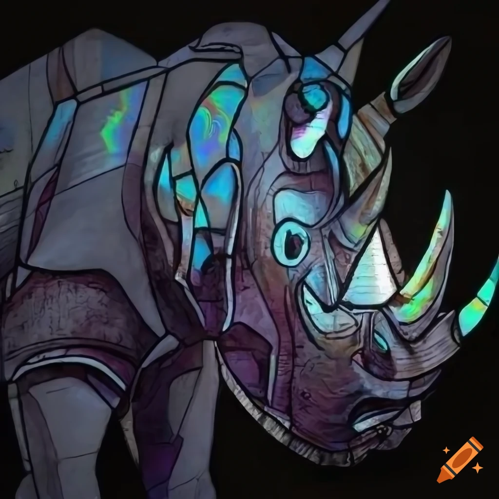 Rhinoceros graffiti in stained glass style with a medieval cyberpunk holographic twist