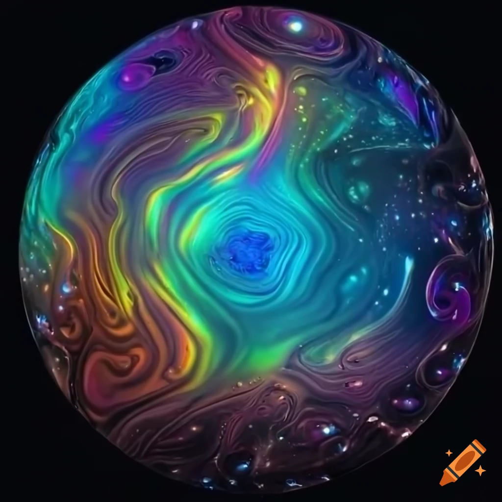 Iridescent shimmering liquid on dark surface resembling diamonds in a galactic setting
