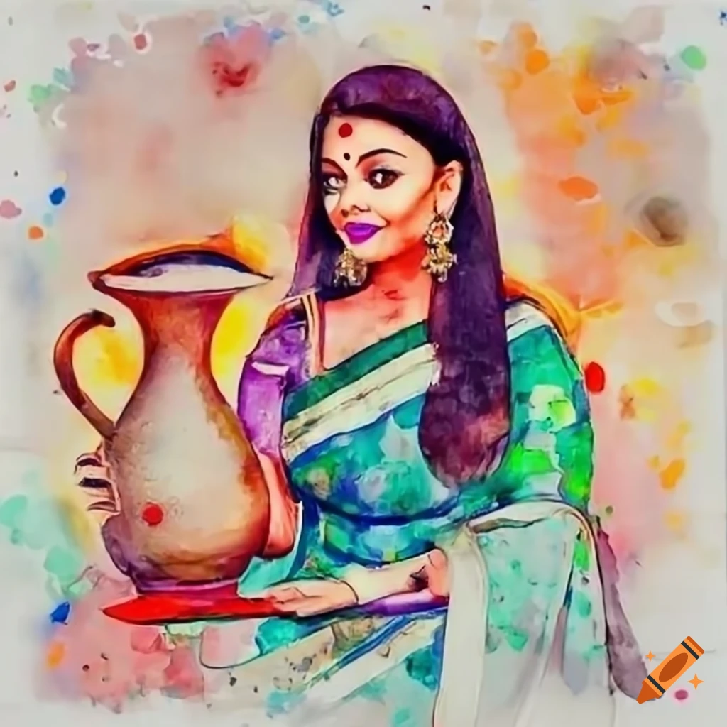 Actress Aishwarya Rai in vibrant Indian cultural attire offering water elegantly