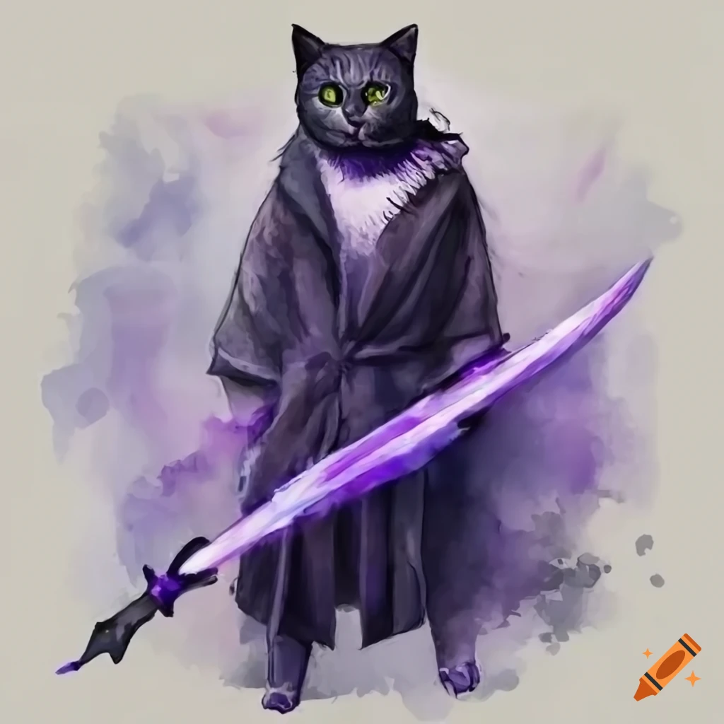 Cat Humanoid in dark robes with glowing violet daggers on Craiyon