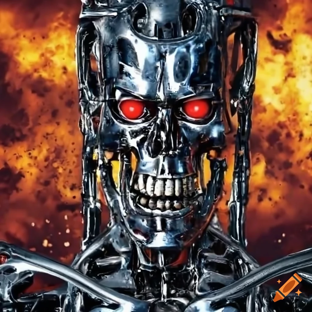 Terminator-like robot with explosive background