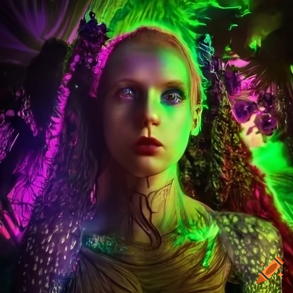 Glowing biopunk cityscape with green moss, plants, mushrooms, crystals, and cyborg goddesses