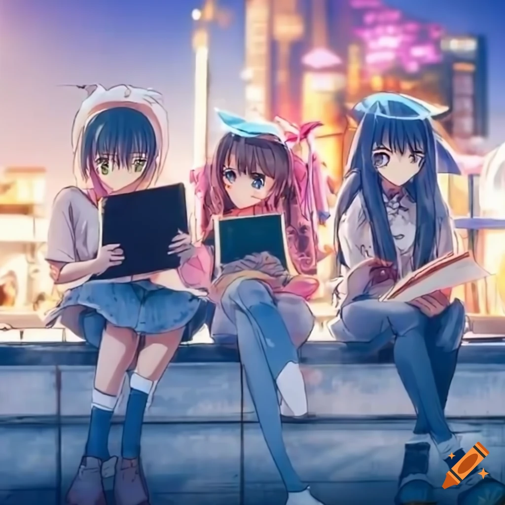 Cheerful anime girls reading books at a crowded harbor quay