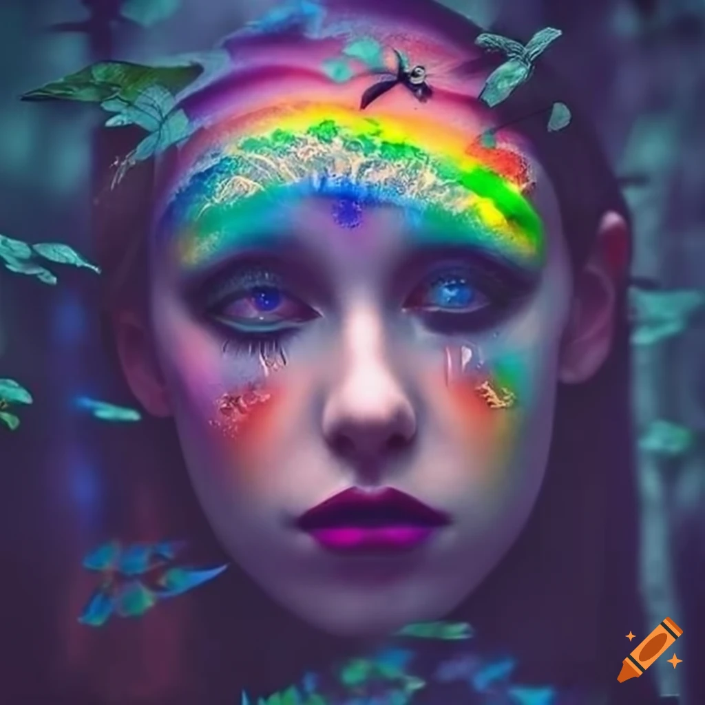 Surreal woman's face in a colorful and gothic forest setting