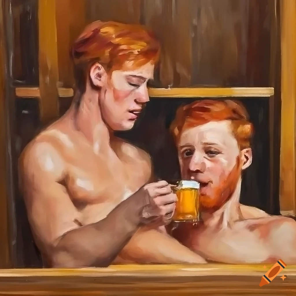 Two friends enjoying a sauna in wintry weather with chips and wheat beer