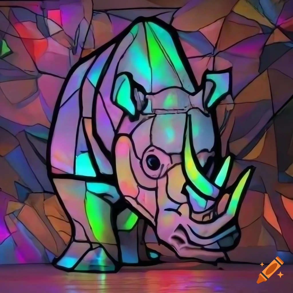 Rhinoceros graffiti in stained glass style with a medieval cyberpunk holographic twist