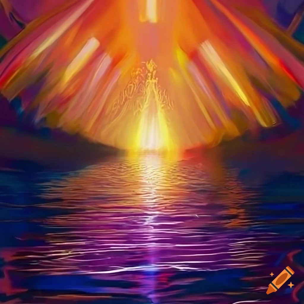 Special effect of god rays shining on a mountain lake creating a sense of naturalism and awe