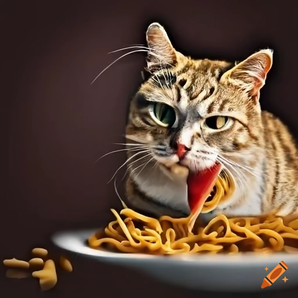 Cat enjoying pasta dish on Craiyon