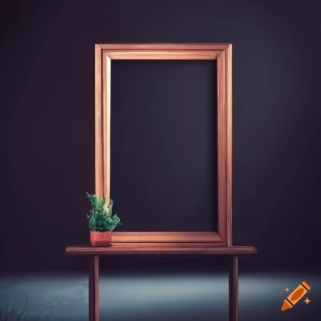 Wooden table in a room with a framed picture of love on the wall