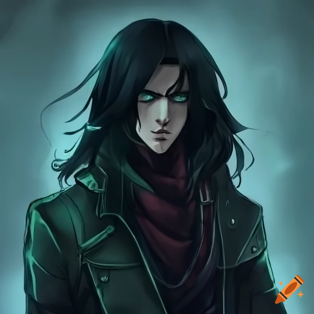 Male rogue with long black hair and green eyes in a noble outfit on Craiyon