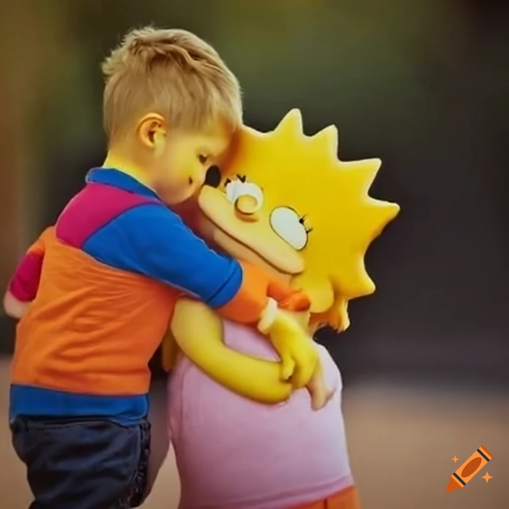 Lisa Simpson hugging a boy in a colorful daycare setting