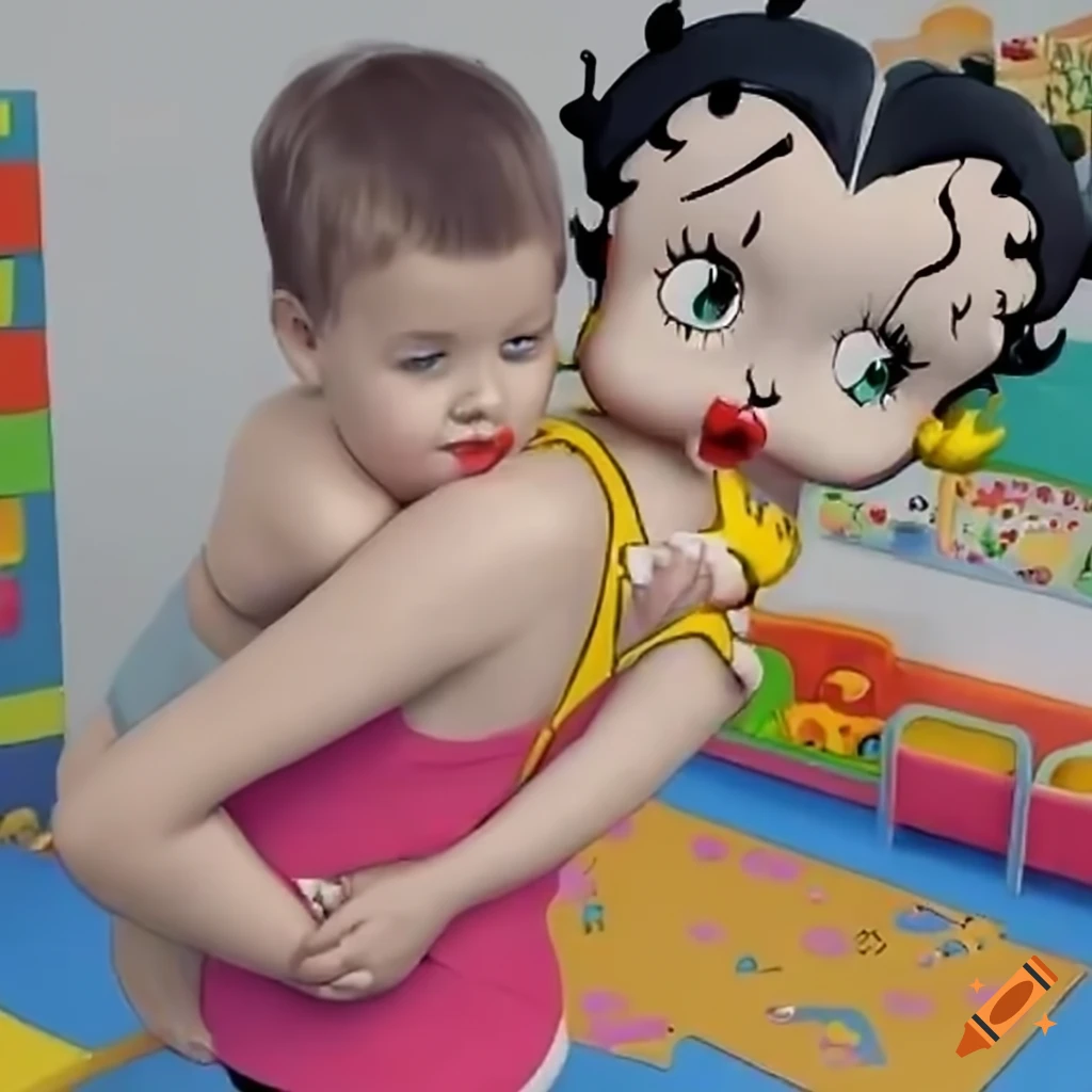 Motherly Betty Boop carrying a boy in a colorful daycare setting