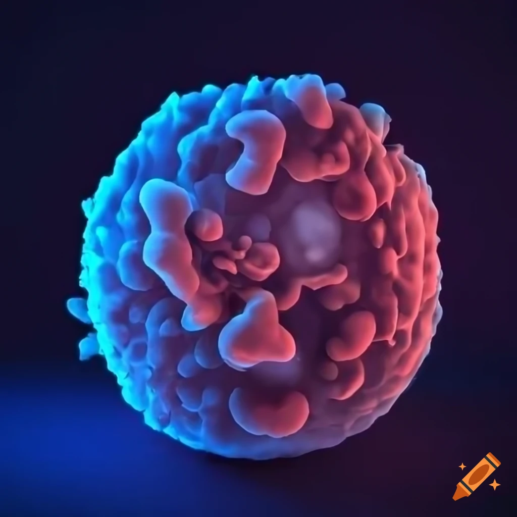 High definition round bumpy animal cell with proteins on surface on black background glowing blue
