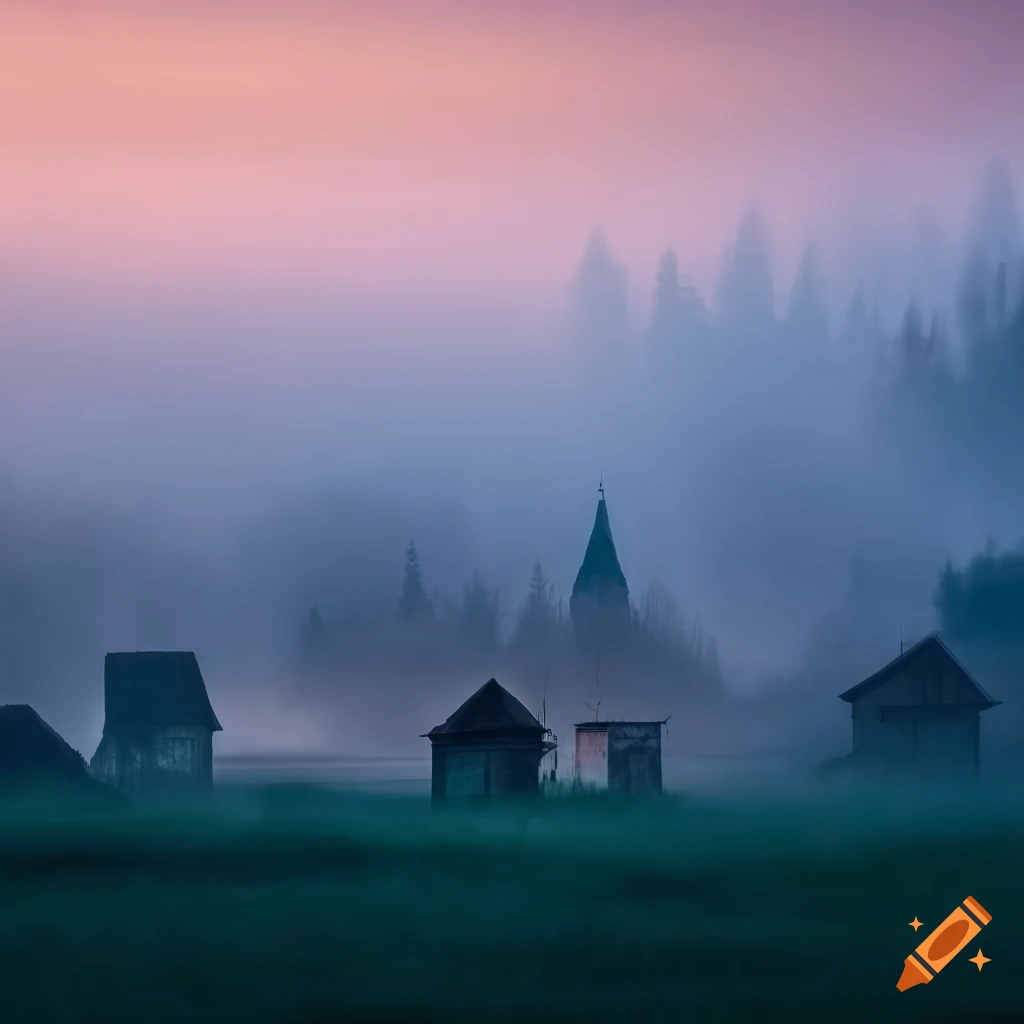Run down rustic village in dense fog overlooking misty fen