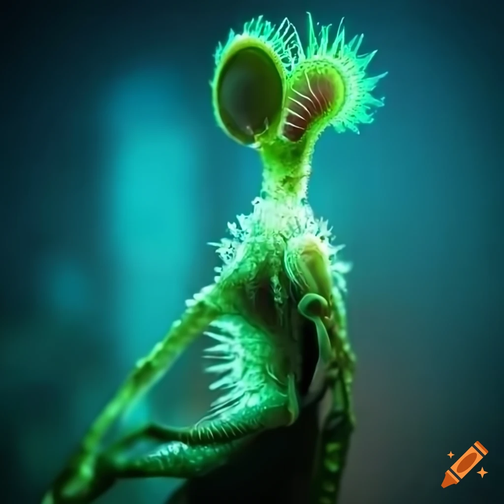 Biopunk Venus flytrap creature in a mossy cybernetic cityscape