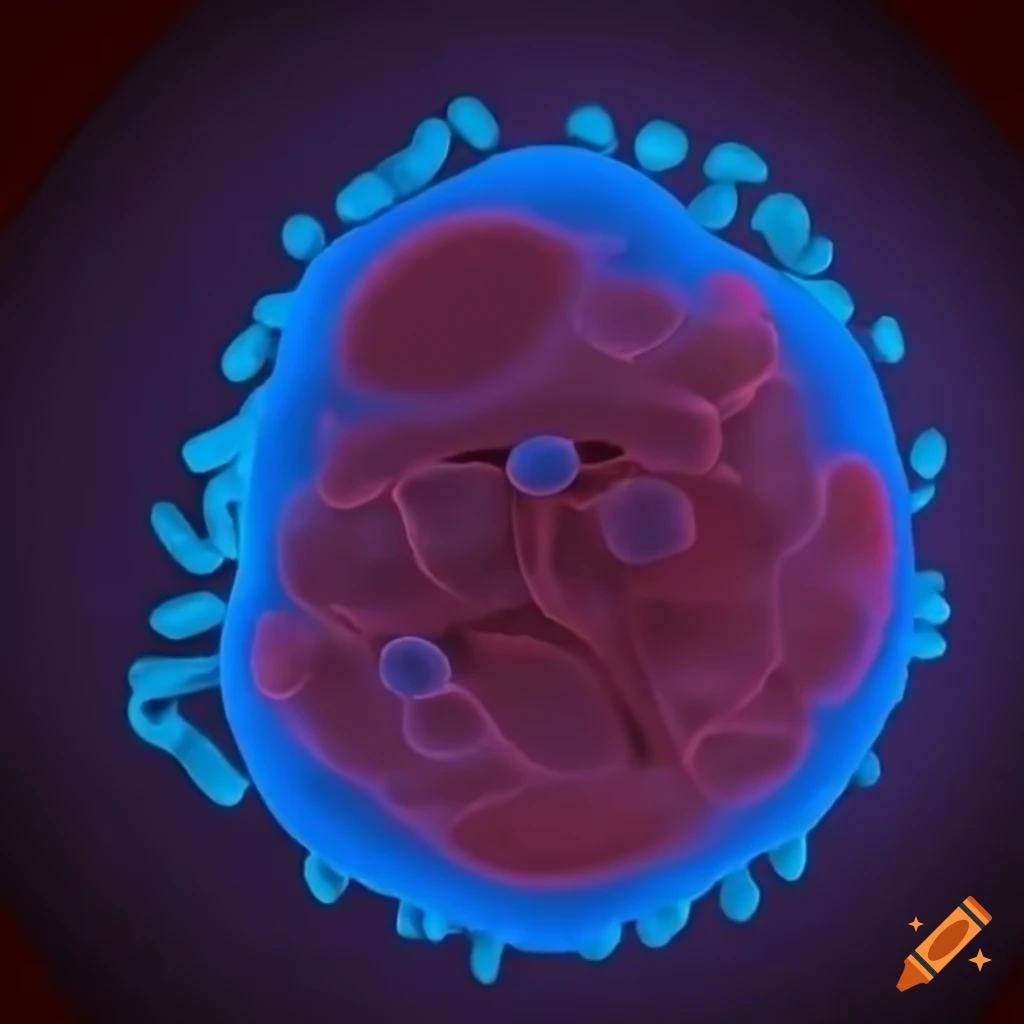 Animal cell with proteins on bumpy surface against glowing blue background
