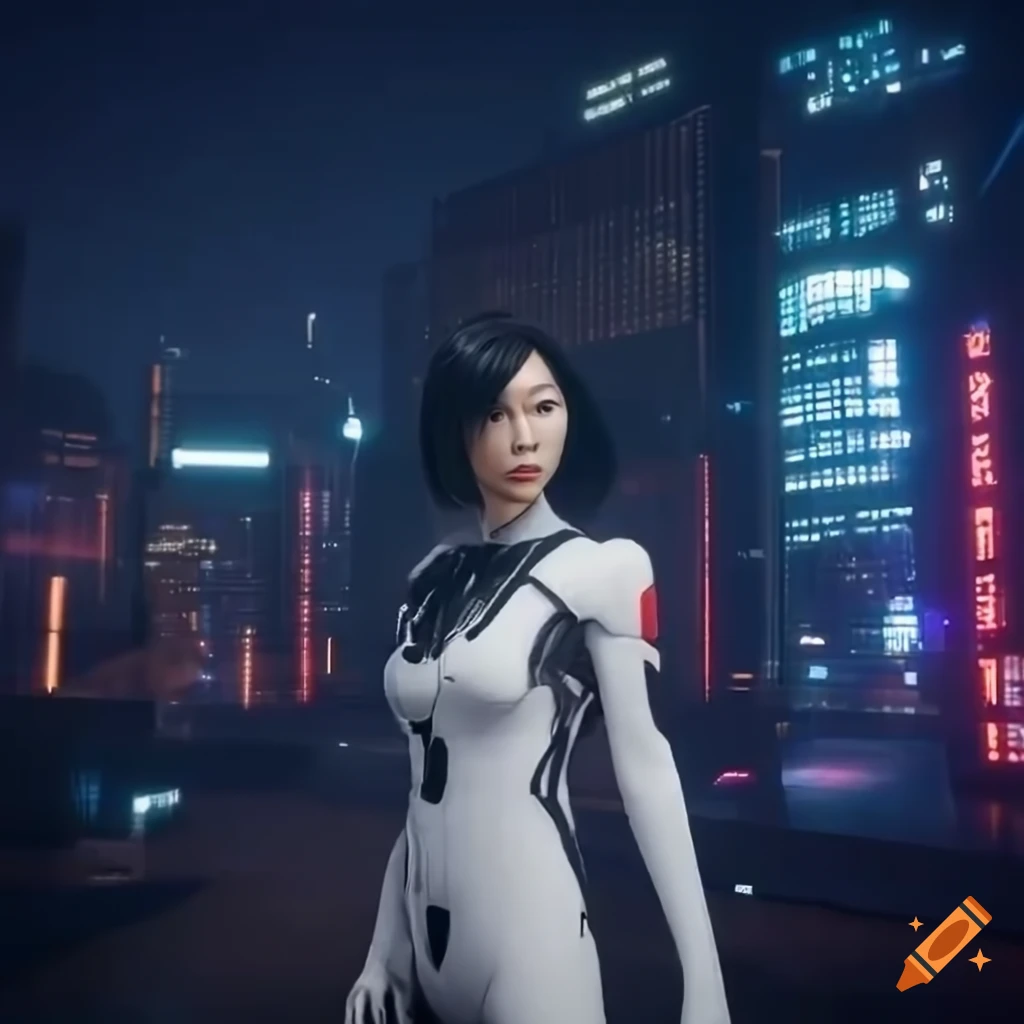 Yui Aragaki as black-haired sci-fi Japanese girl holding a kitana in futuristic Tokyo