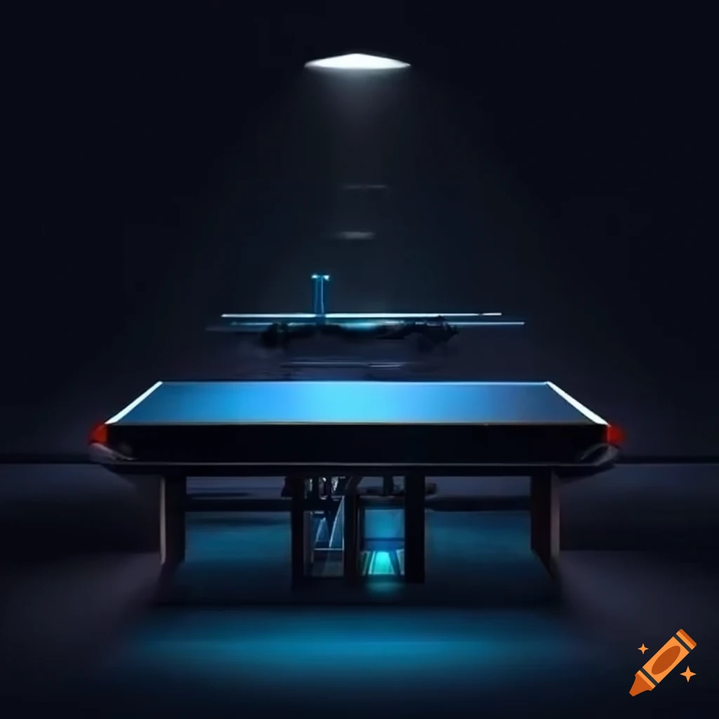 Futuristic dark arena with spotlight on table tennis player