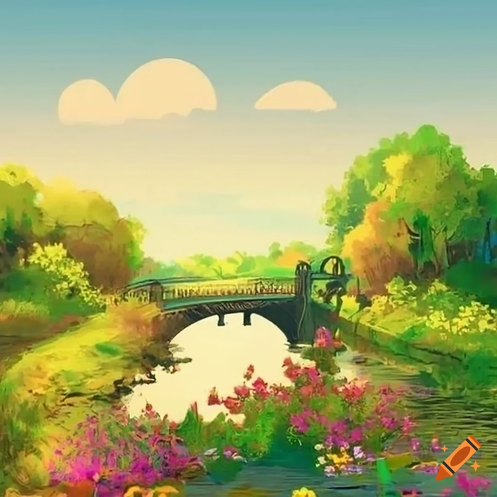 Village with a bridge over a river, bull cart on the road, villagers working under clear blue sky with flowers in the river