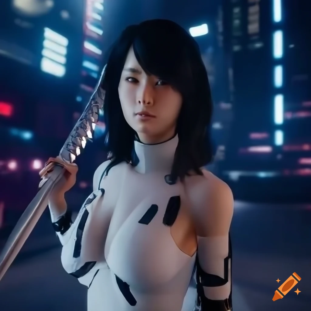 Sci-fi japanese girl with katana in futuristic Tokyo night scene