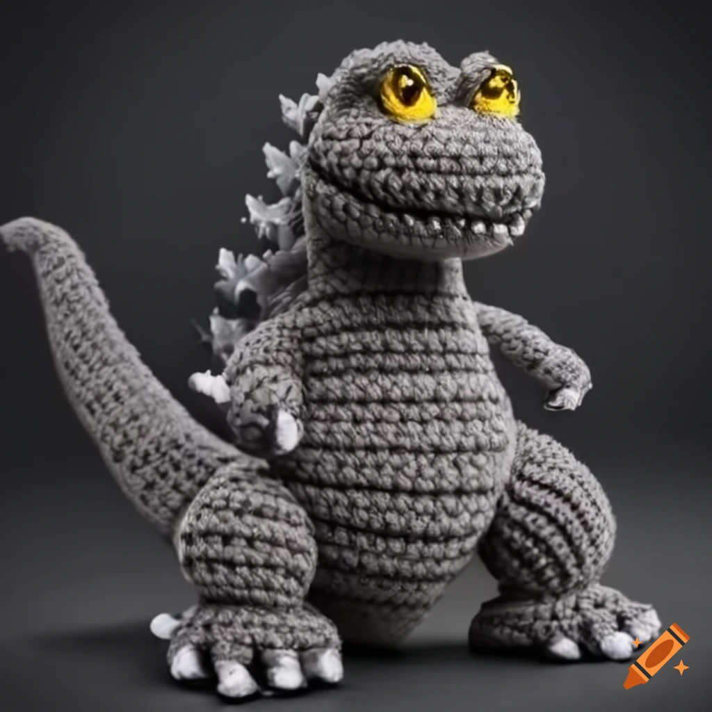 Standing gray crocheted cute Godzilla with big teeth and yellow eyes