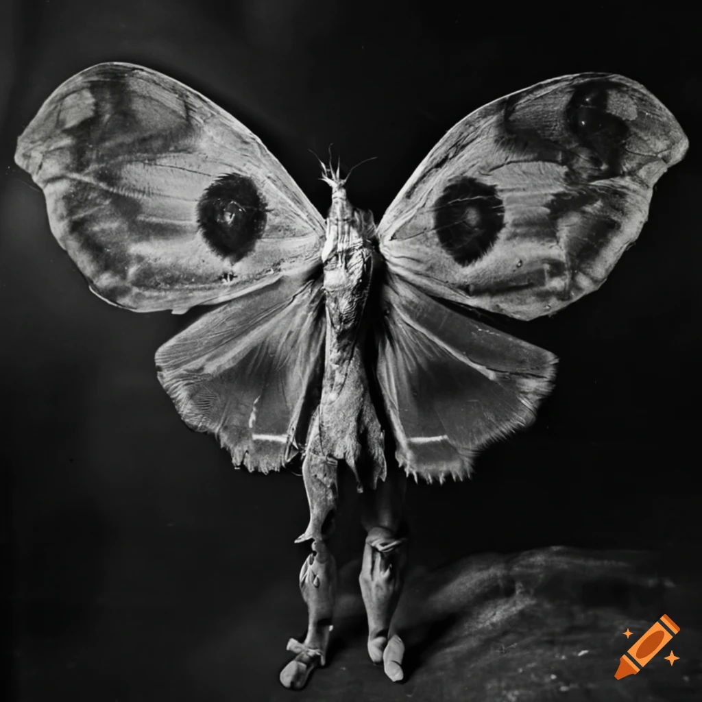 Mothman with human legs in an old black and white photograph on Craiyon