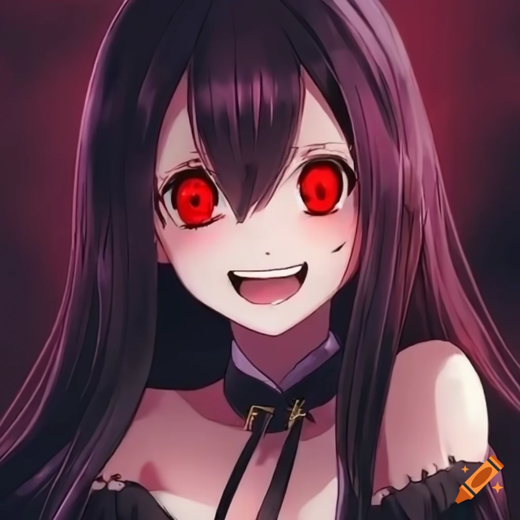 Anime villain girl with black hair and mischievous grin