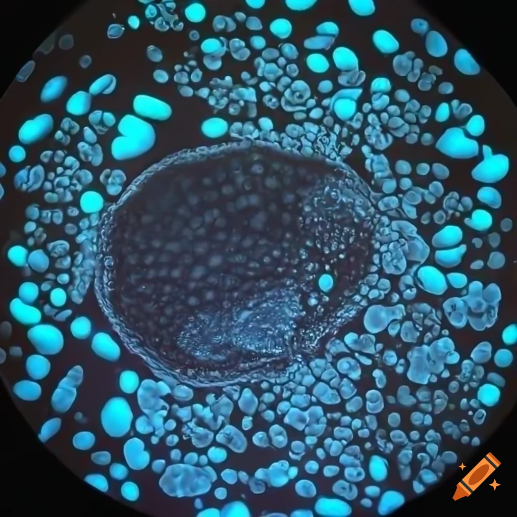 Animal cell with proteins on bumpy surface against glowing blue background