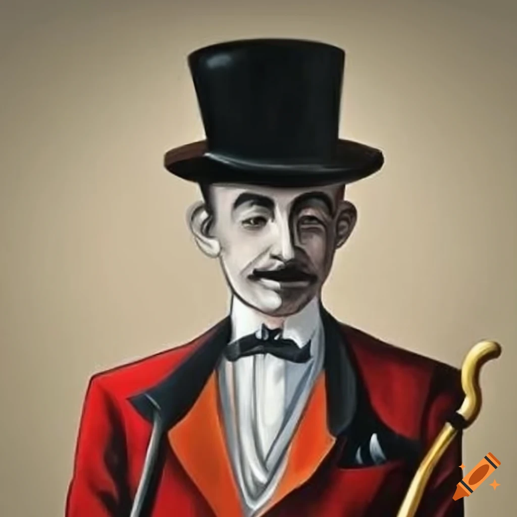 Cartoon 1930s gentleman in red suit with black top hat and gold cane on