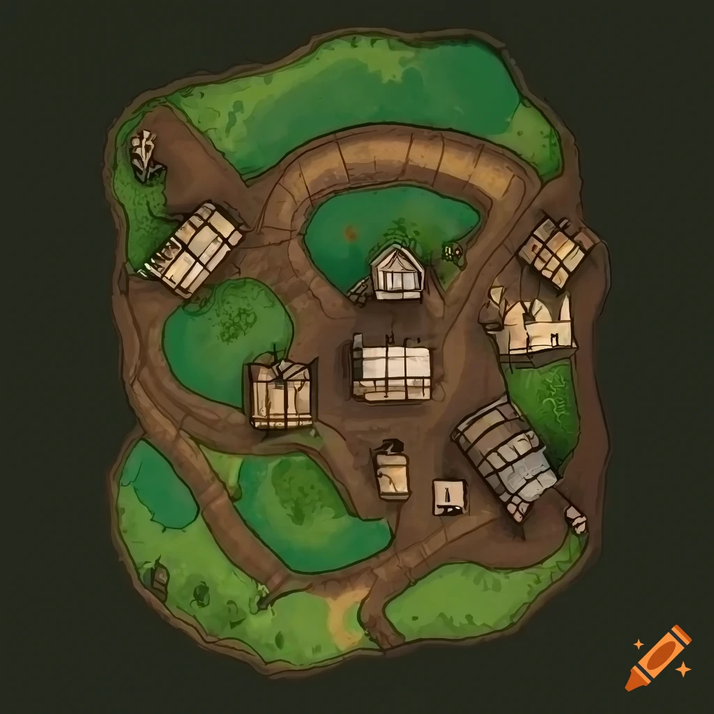 Digital rpg-style overhead map of a forest village with houses, shops ...