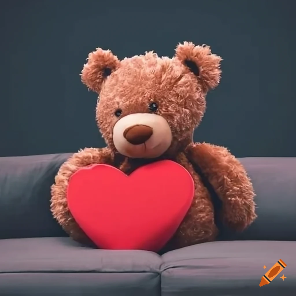 Teddy bear holding a red heart on a couch on Craiyon