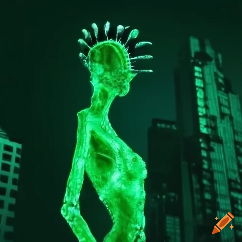Biopunk Venus flytrap creature in a mossy cybernetic cityscape