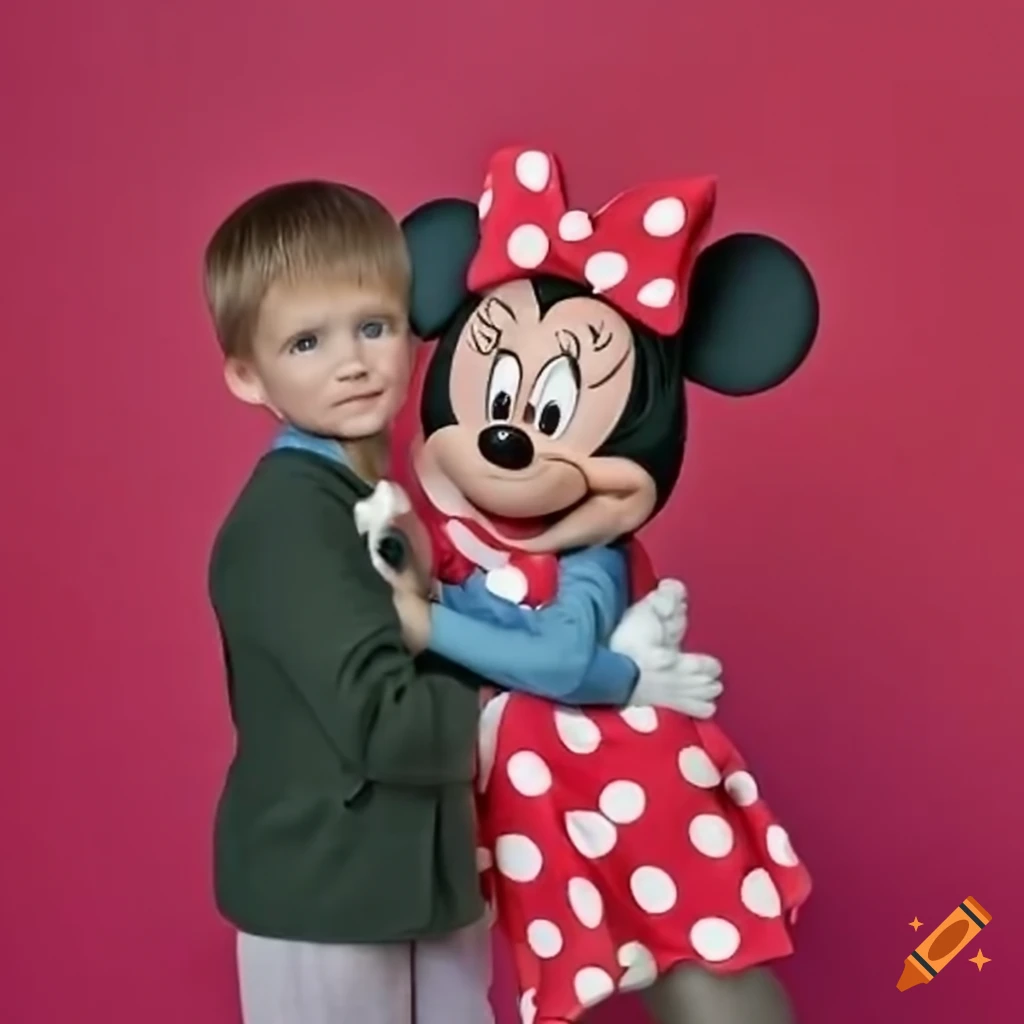 Minnie Mouse hugging a boy in a colorful daycare setting
