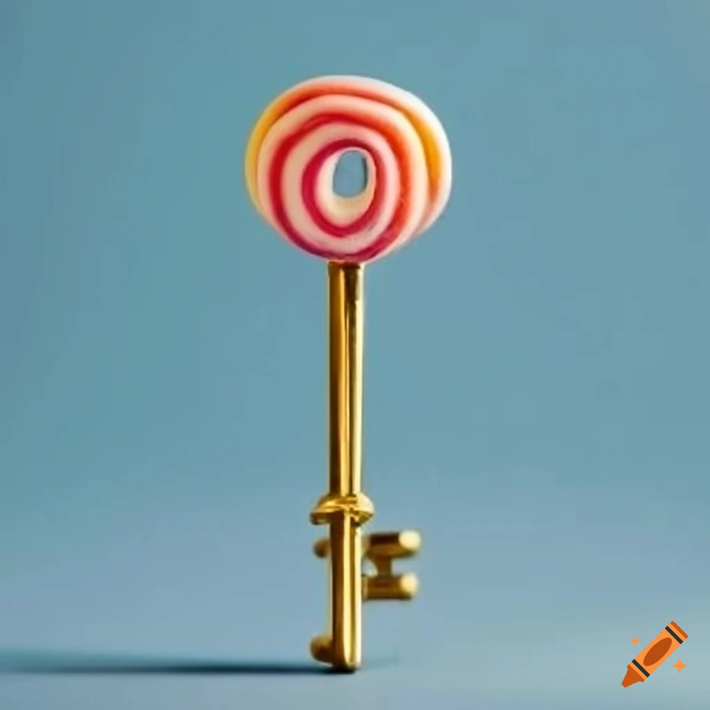 Small golden key with lolly pop top on light blue background