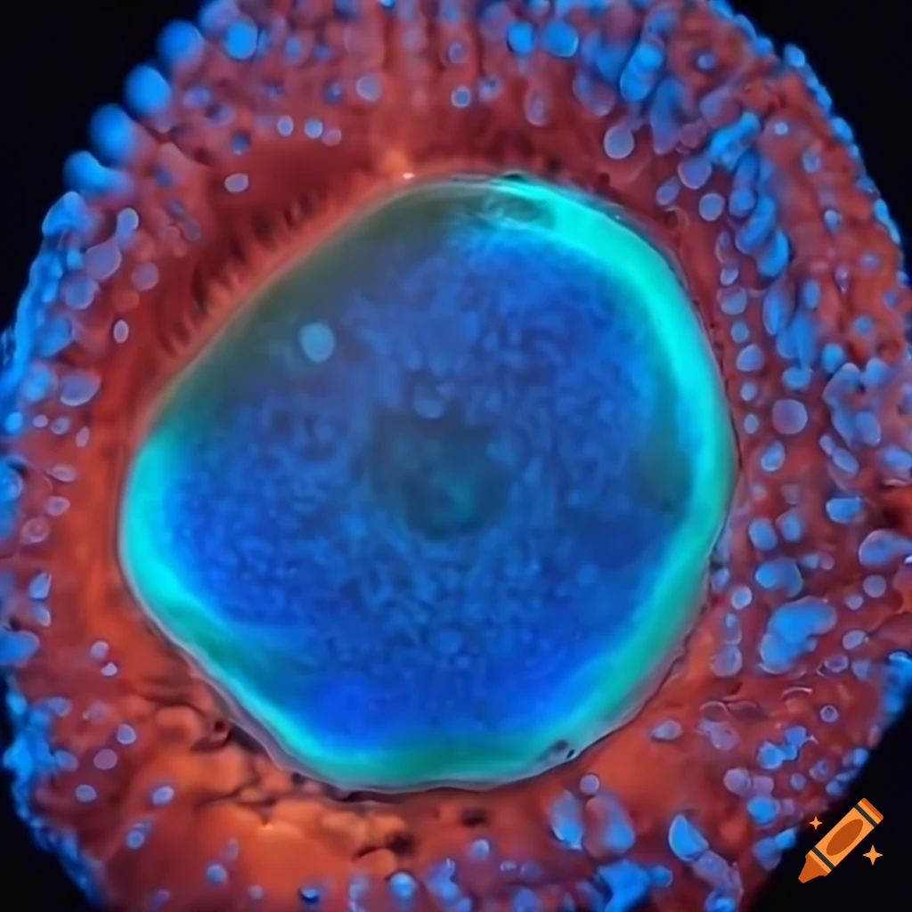 Animal cell with proteins on a black background