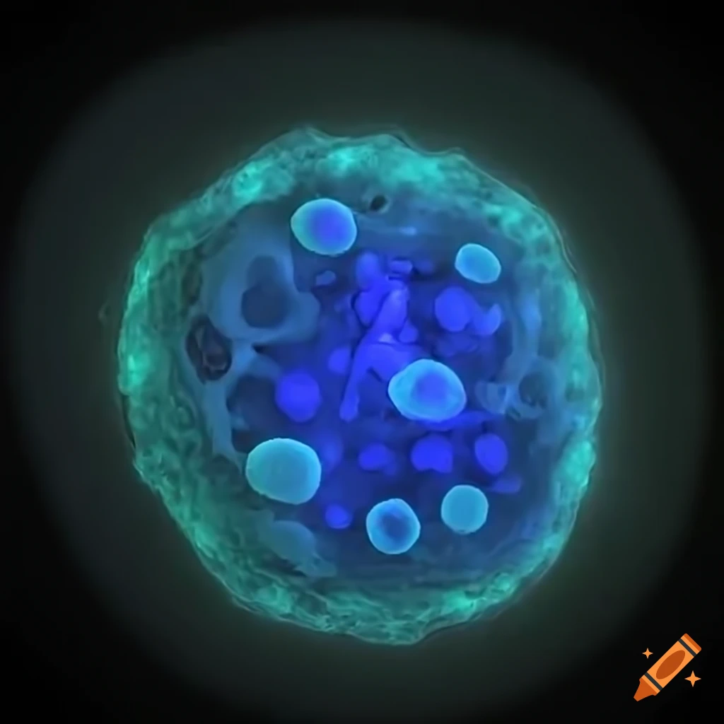 High definition round bumpy animal cell with proteins on surface on black background glowing blue