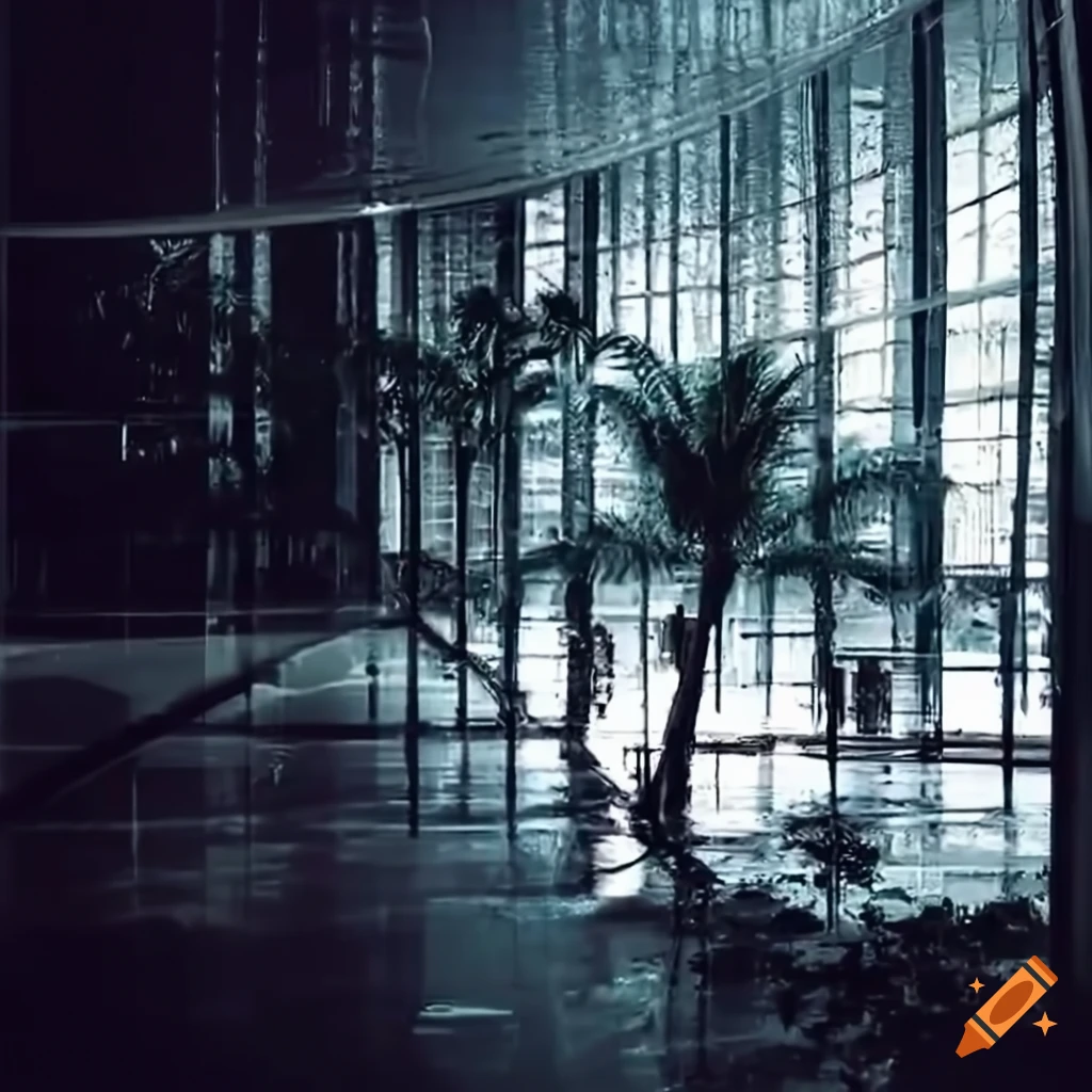 Florida hotel lobby interior with heavy rain outside on Craiyon