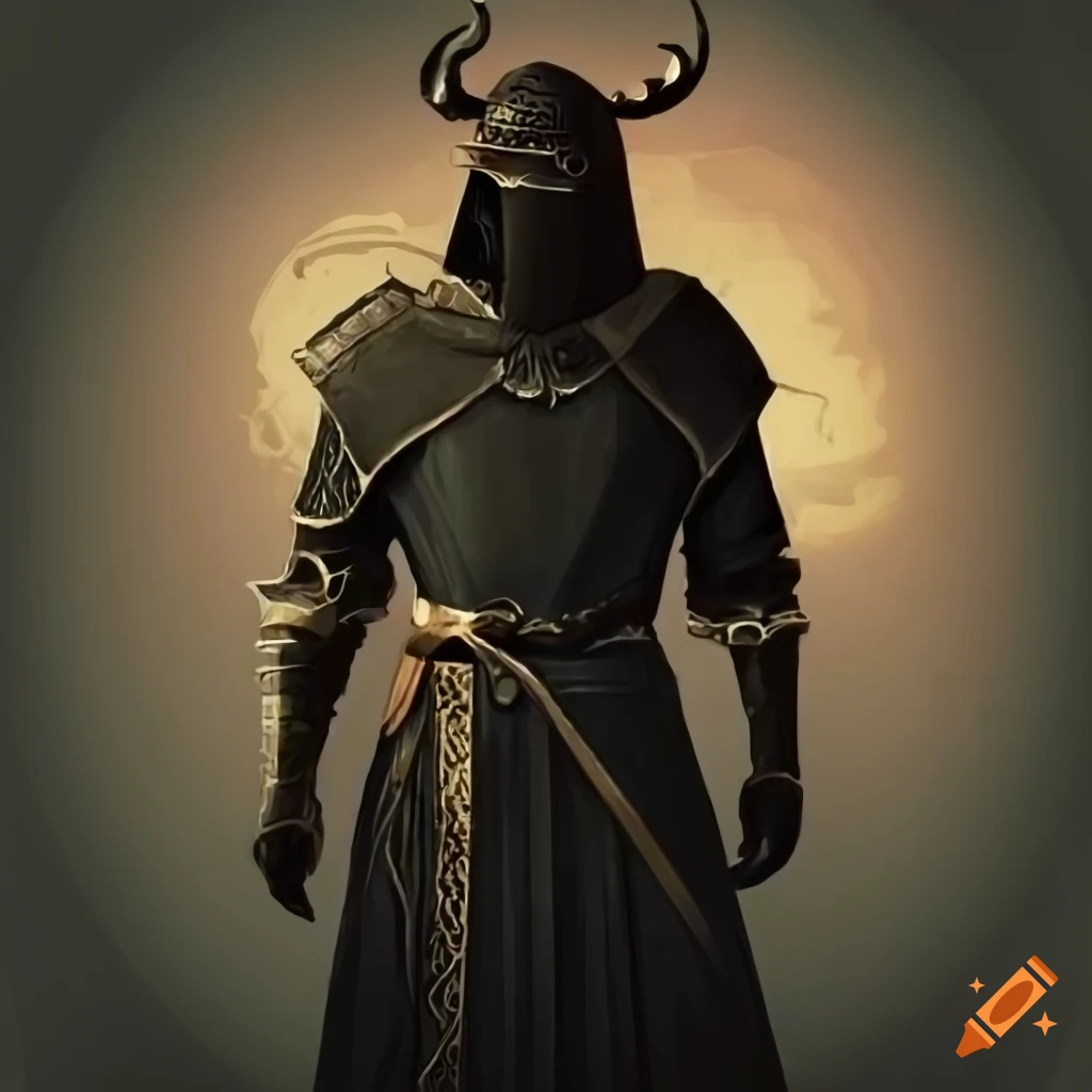 Mysterious figure in armor and mask sneaking in a mystical landscape