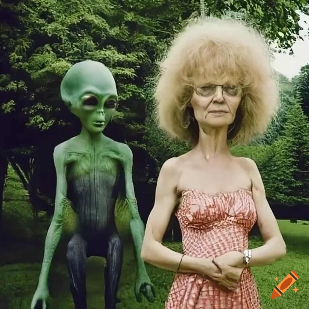 Maryla Rodowicz with an alien in a Polish village during summer