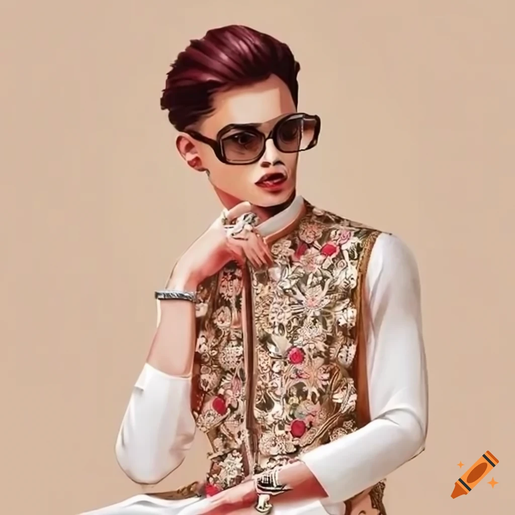 Menswear fashion illustration with joggers, white kurta, and embroidered coat
